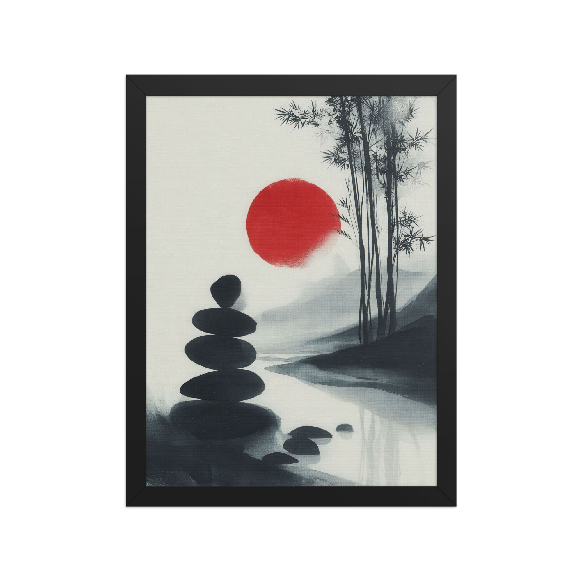 Japandi Landscape with a Red Sun