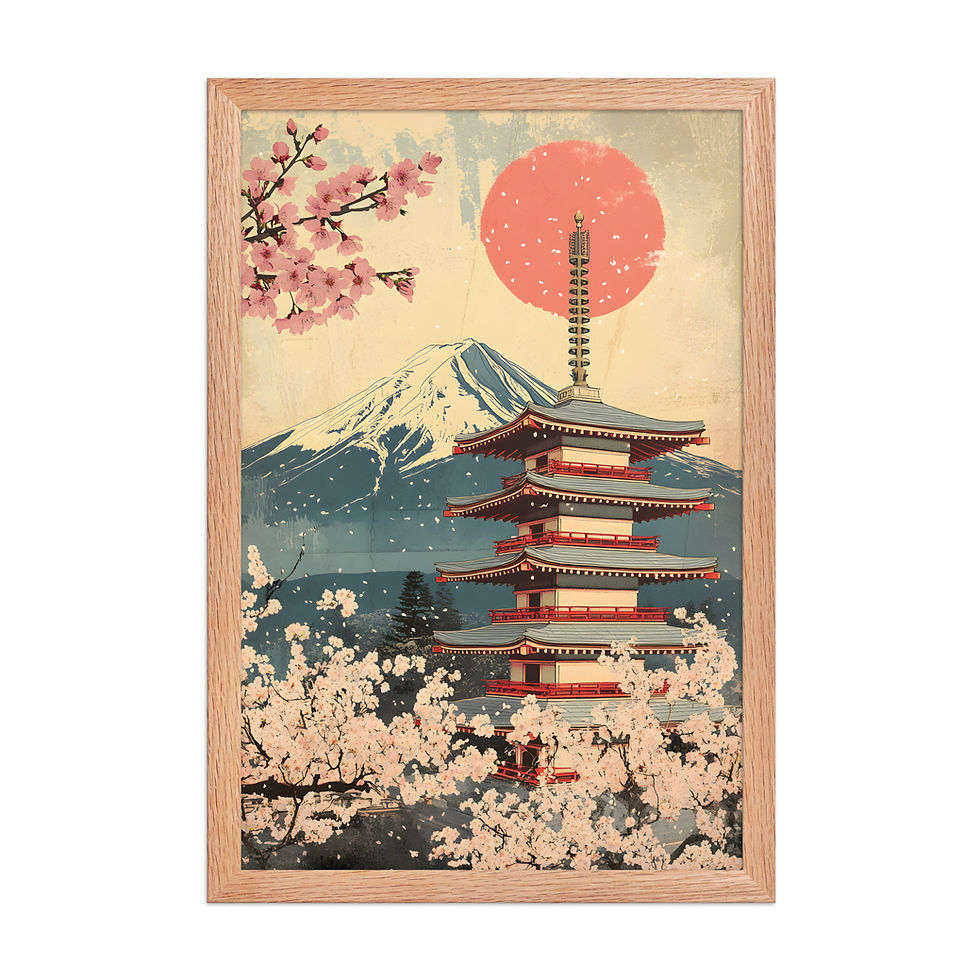 Cherry Blossoms at the Temple framed poster, black frame, pink cherry blossoms, Japanese pagoda, mountain landscape, framed wall art, framed art.