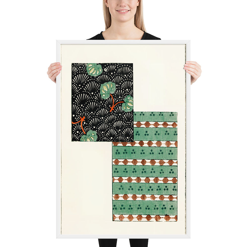 Thumbnail: Framed art print featuring a striking plate with bold black textile patterns, jade green, and copper diamonds, presented by Frameifi.
