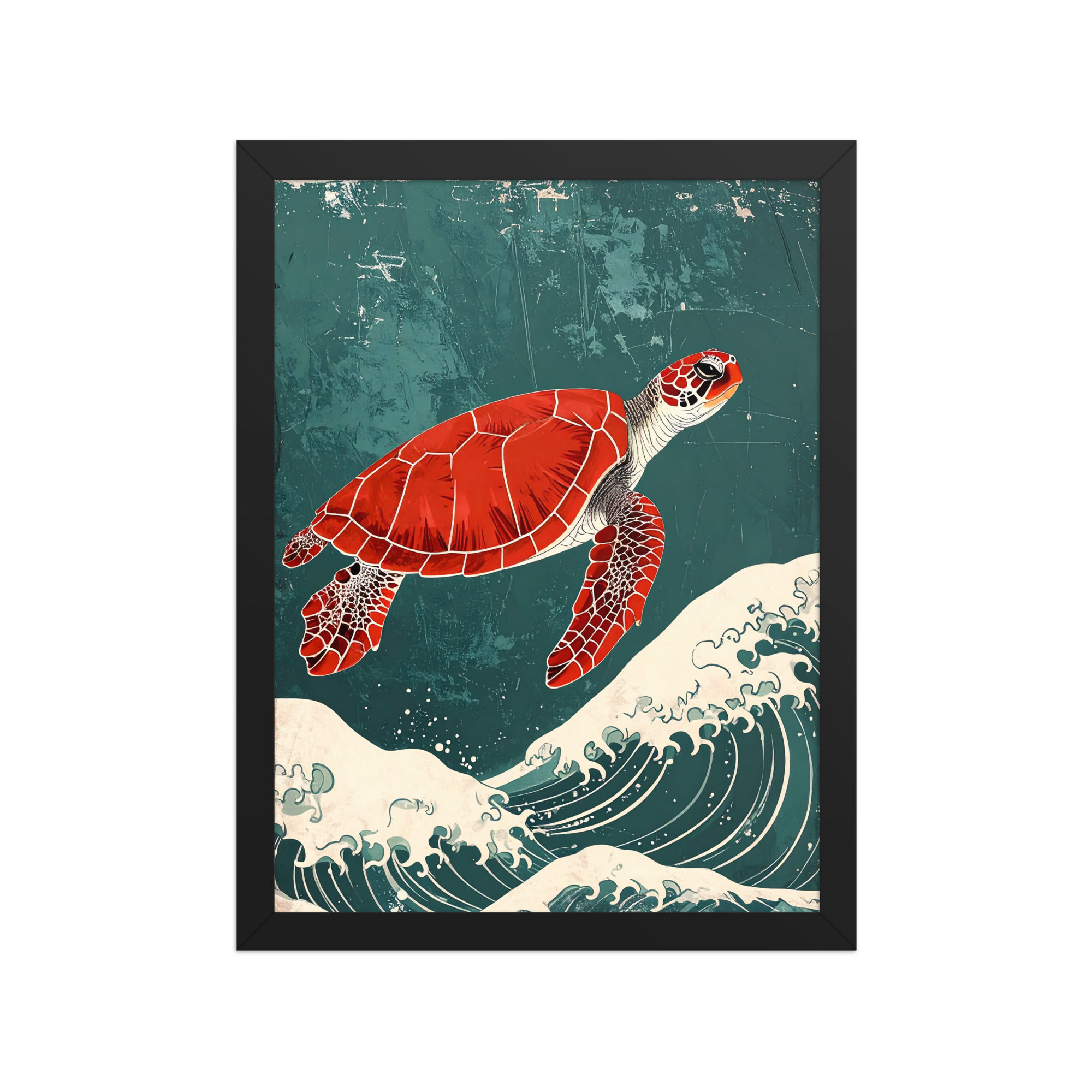 Turtle in Green Waves Art Print in a black frame, featuring a red turtle swimming through green waves on thick matte paper.