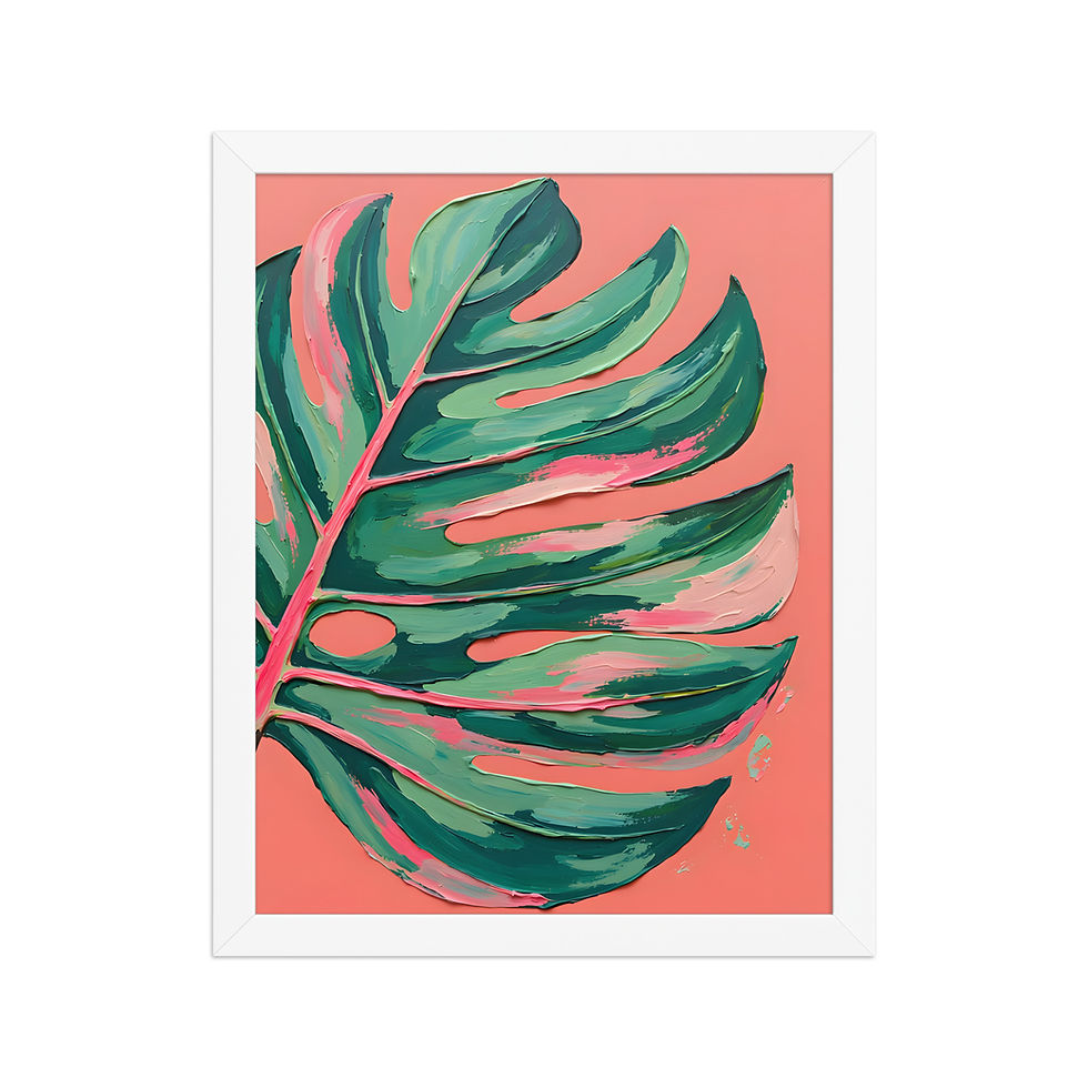 Thumbnail: Framed botanical wall art featuring a large green leaf on a pink background, Frameifi, Swiss Cheese Plant Framed Poster, framed art, wall art.