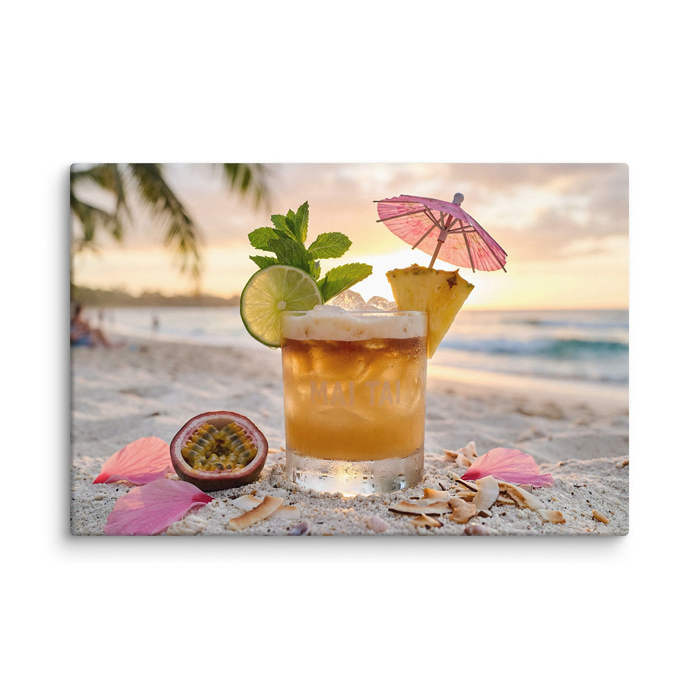 Thumbnail: Tropical Cocktail Canvas Print by Frameifi, framed wall art featuring a Mai Tai cocktail on a beach at sunset, with framed art for home bar decor.
