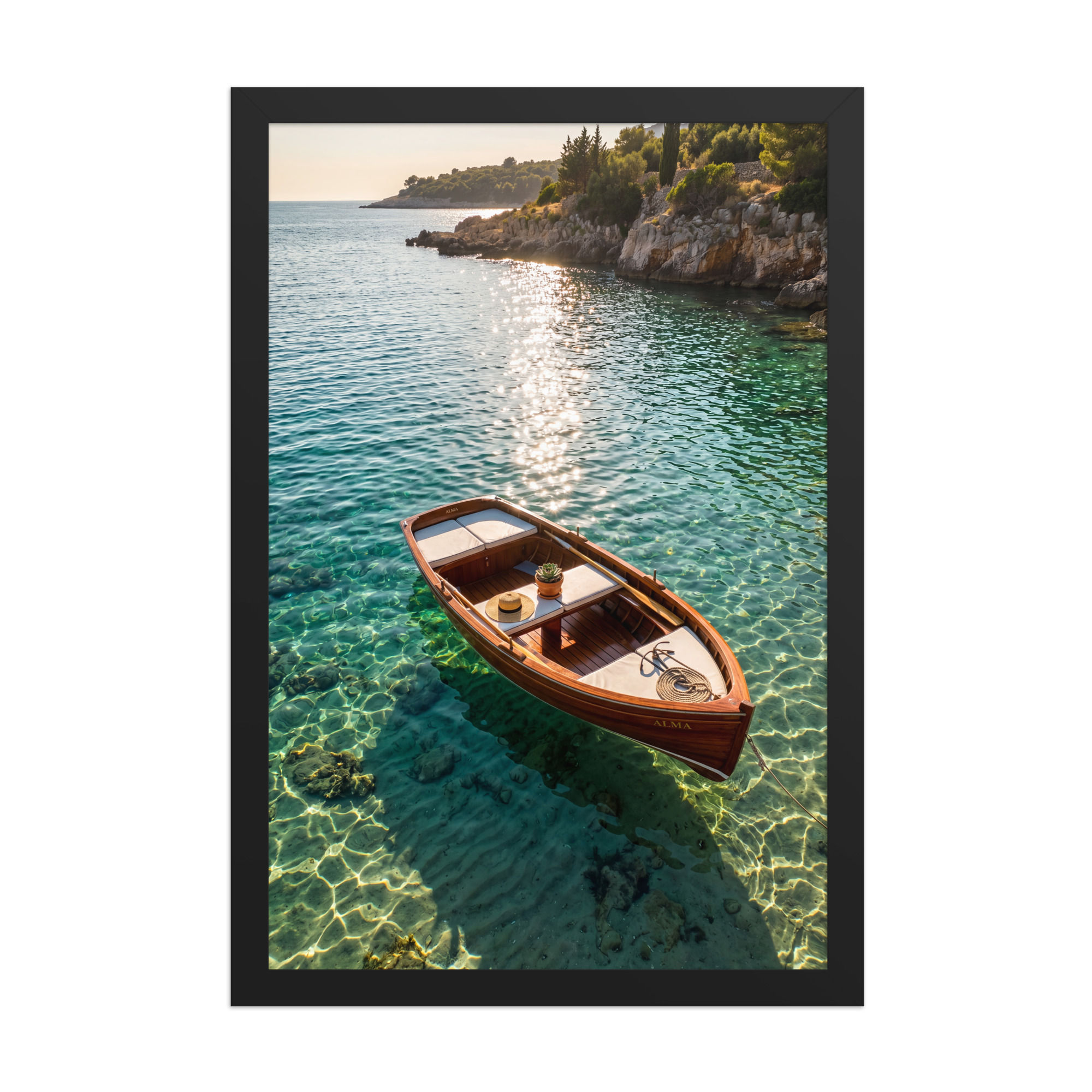 Sunlit Cove — Framed Wooden Boat over Crystal Sea Fine Art Print