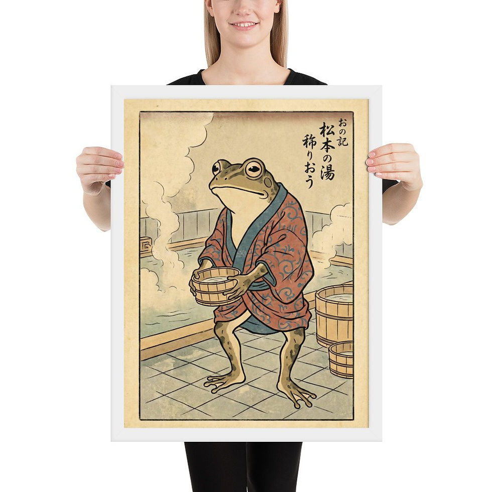 Thumbnail: Japanese Frog in bathhouse, wearing red robe, holding bucket, standing on tiled floor, surrounded by wooden tubs and steam, in black frame.