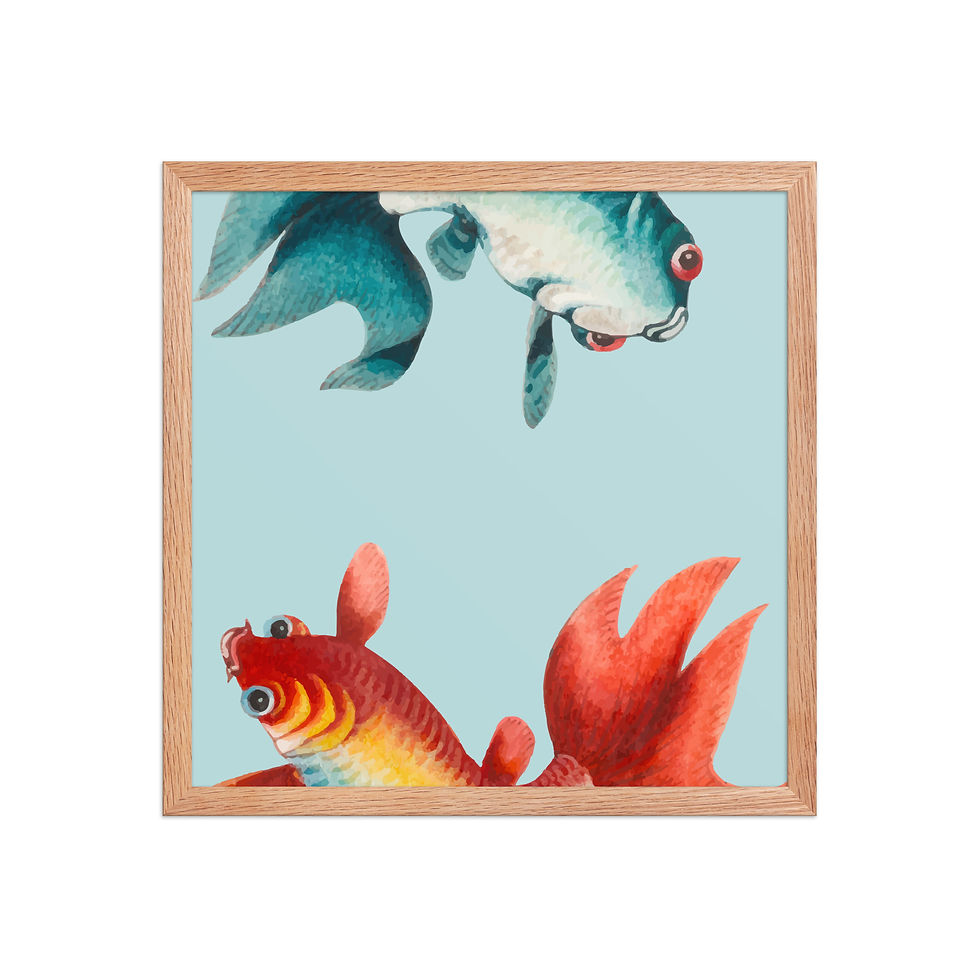 Thumbnail: Framed poster of two colorful fish on light blue background, featuring a blue and white fish and a red and orange fish.
