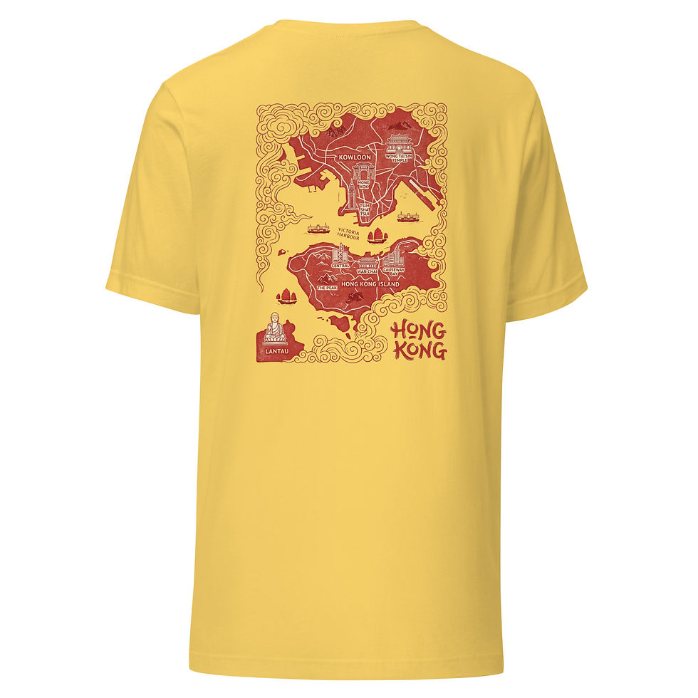 Thumbnail: Black unisex t-shirt with orange "Hong Kong" text, short sleeves, crew neck, 100% combed cotton, framed art inspired design on chest.