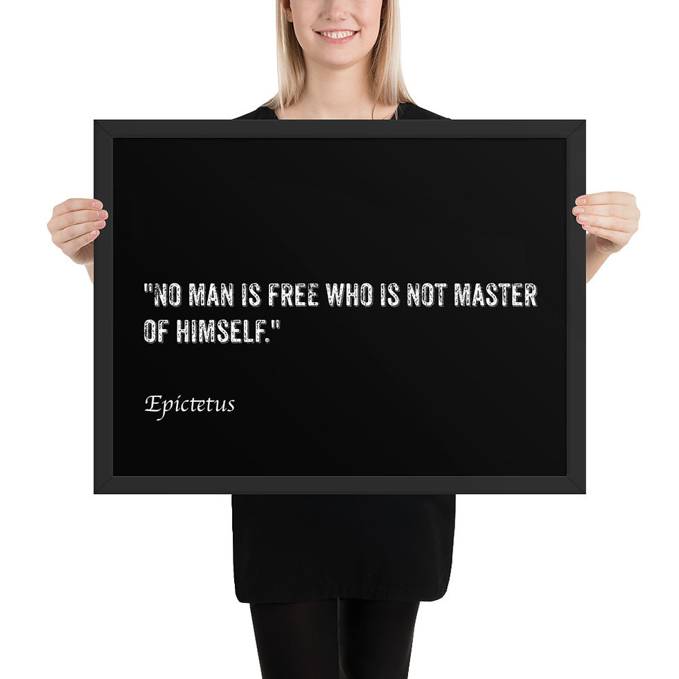 Thumbnail: Framed poster with white text on black background, "No man is free who is not master of himself" by Epictetus, framed wall art.