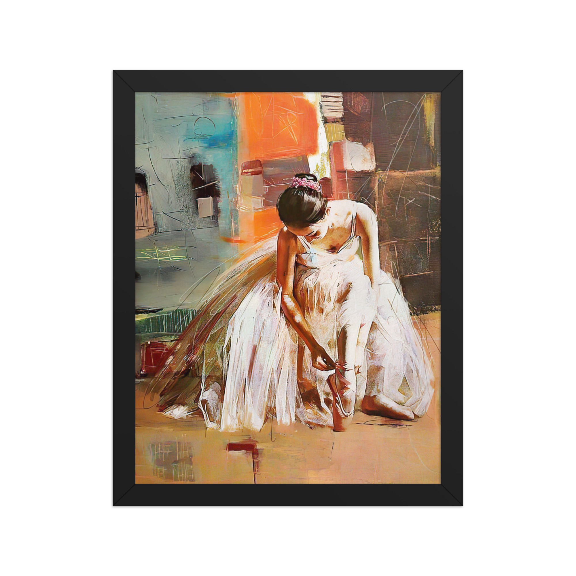 Simple Ballet Art framed poster in black matte frame, featuring a ballerina in white dress, abstract background, framed wall art for home decor.