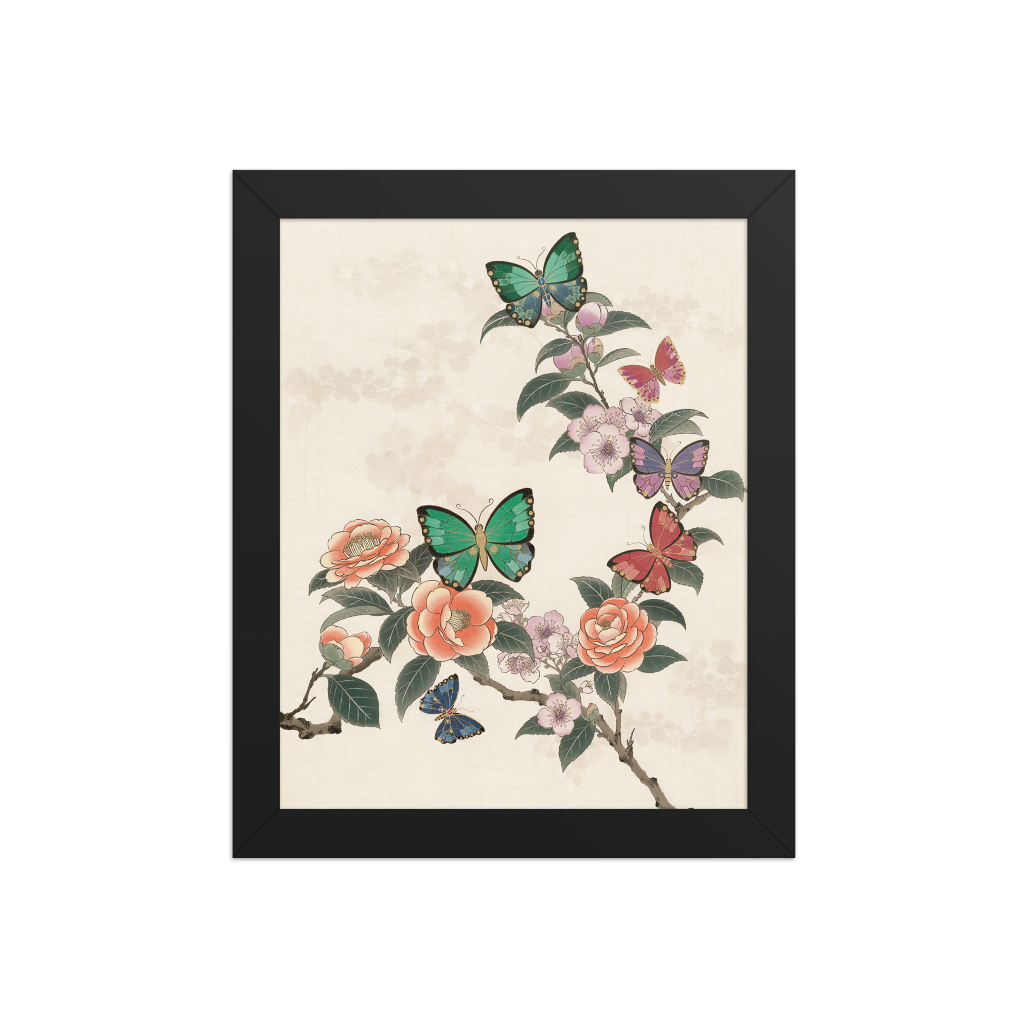 Framed Butterflies Art Print by Frameifi, a framed wall art featuring colorful butterflies and flowers, ideal as framed poster or wall art.