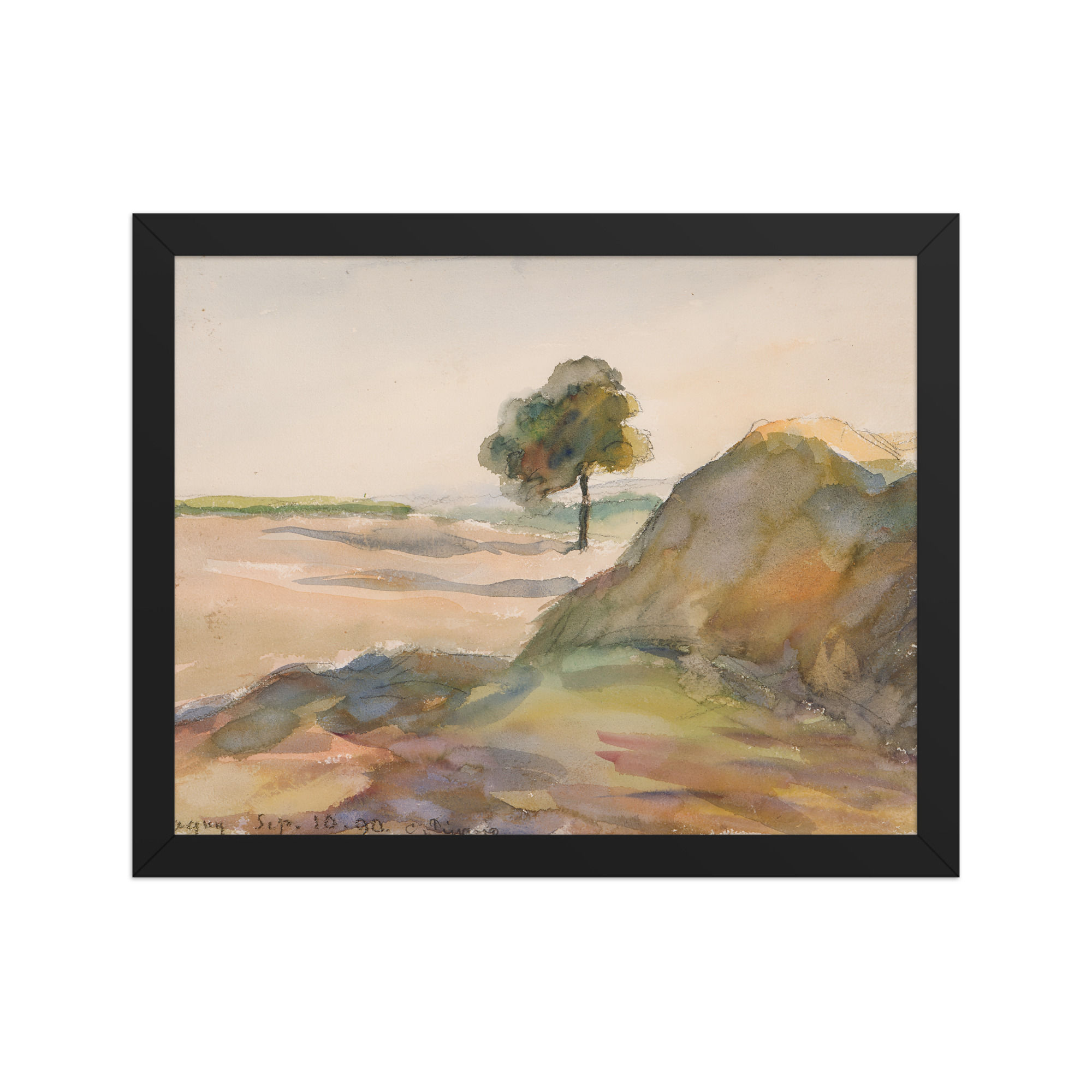 Framed Camille Pissarro watercolor landscape print, a serene scene of open field with tree and rocky outcrop, in earth tones, framed art for wall.