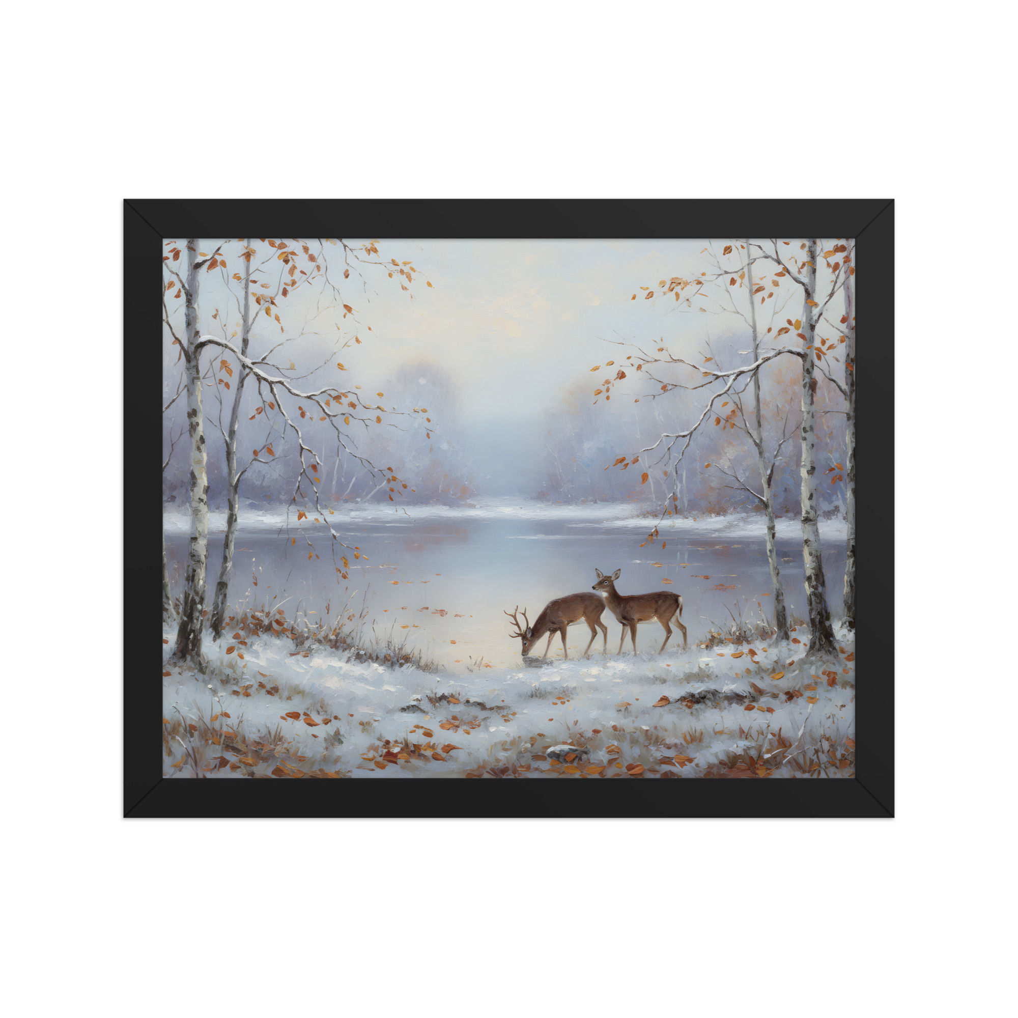 Winter Deer Lake Vintage Art Print
