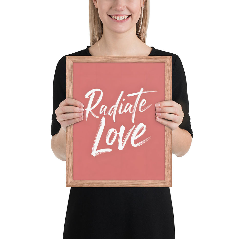Thumbnail: Framed poster with pink background and white text reading "Radiate Love" in a cursive font, surrounded by a black matte frame.