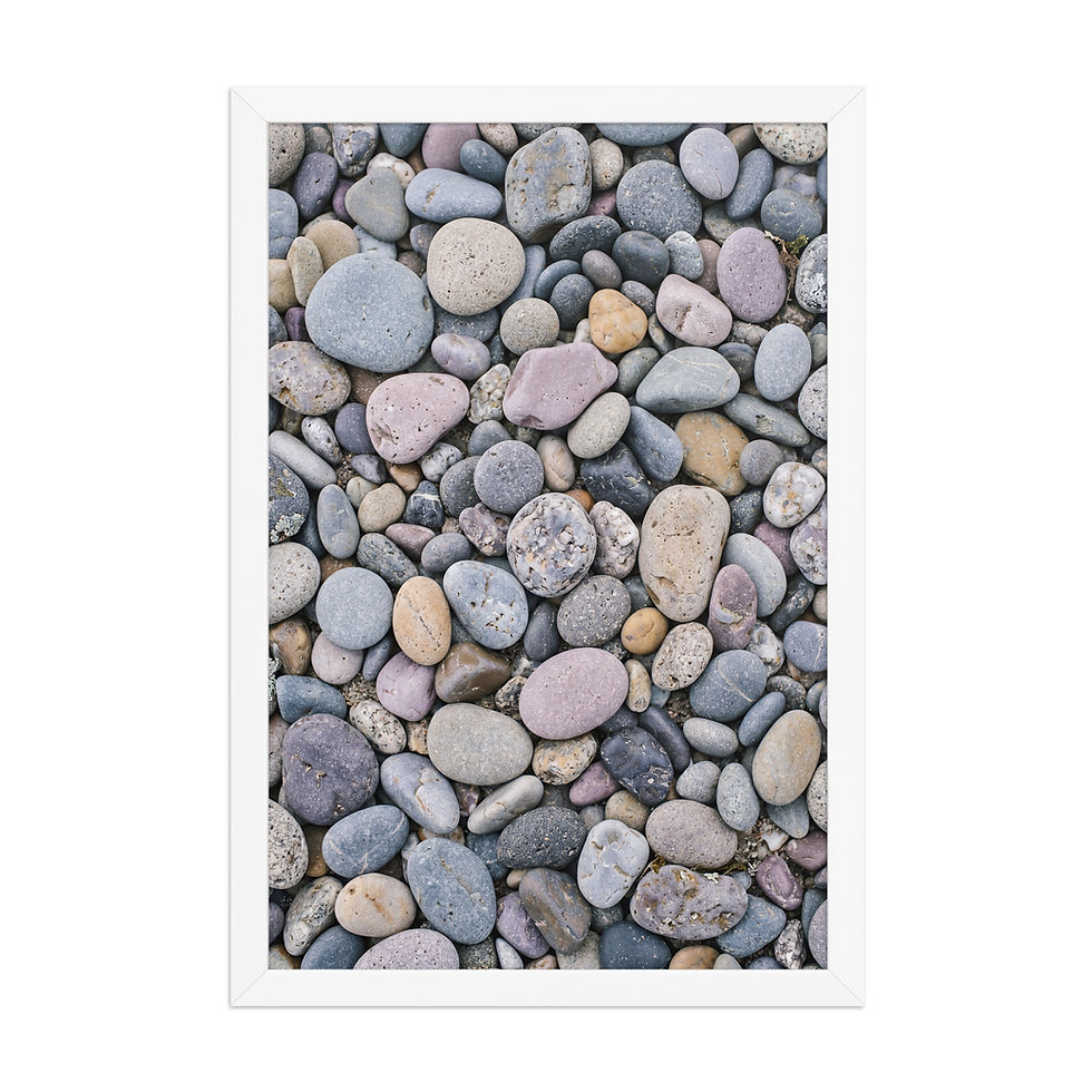 Thumbnail: Framed multicolored beach pebbles overhead, natural texture wall art, Frameifi, smooth river pebbles in varied hues of lavender, slate, ochre, and dove grey.