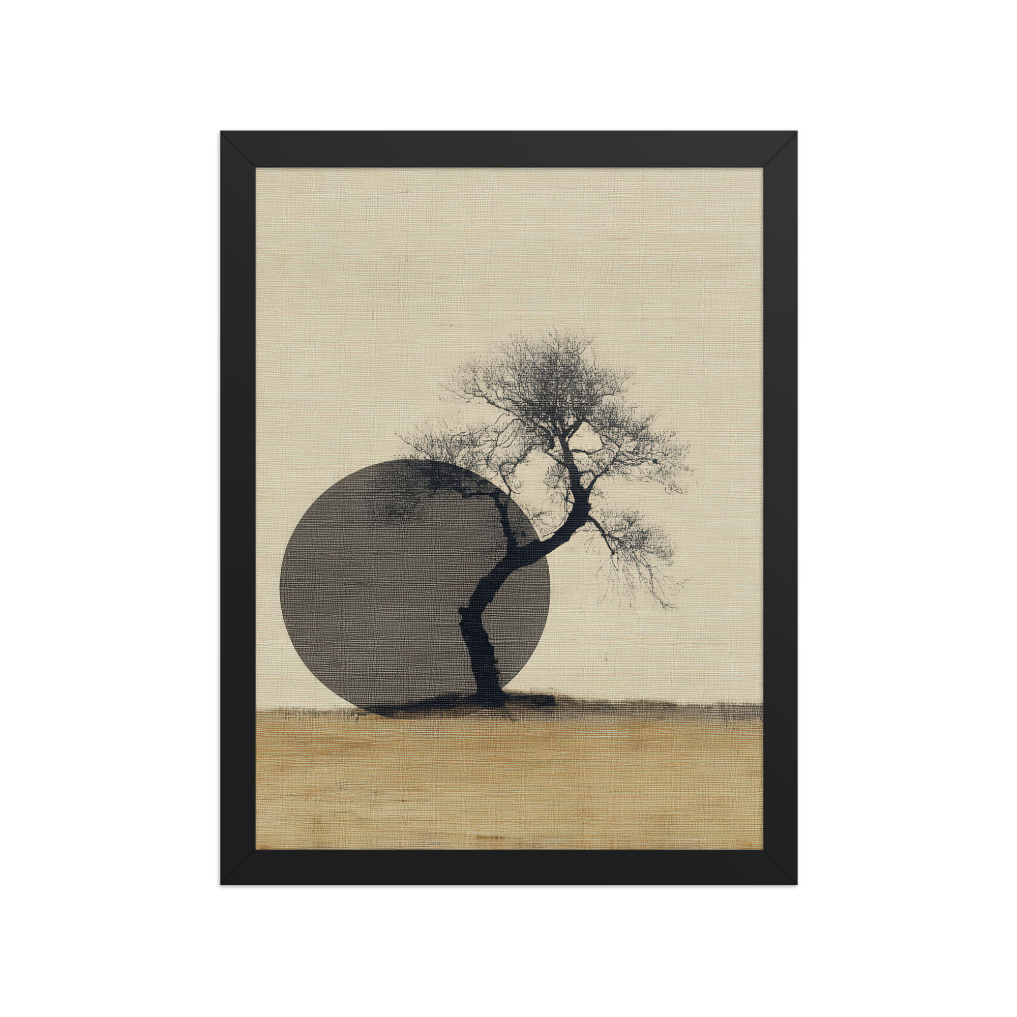 Japandi Bonsai Tree Silhouette with Dark Moon Sumi-e Inspired