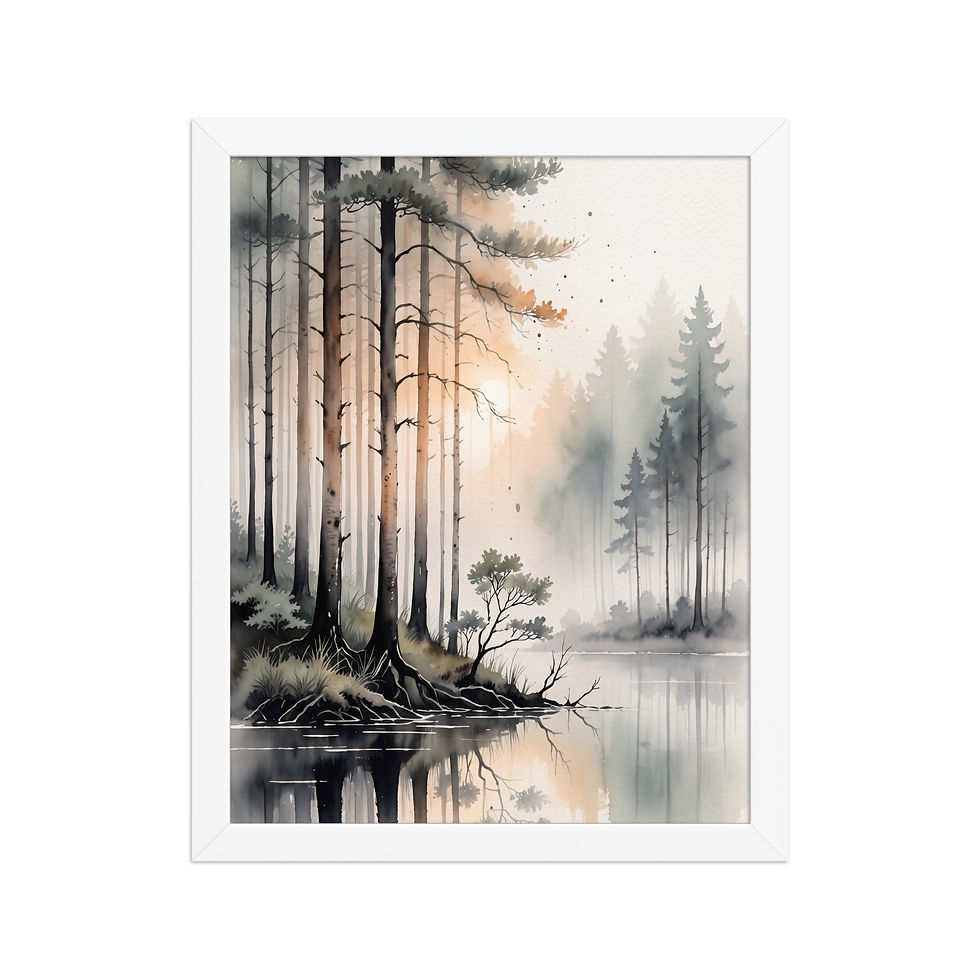 Thumbnail: Mist & Pines — Framed Lakeside Forest Watercolor Print