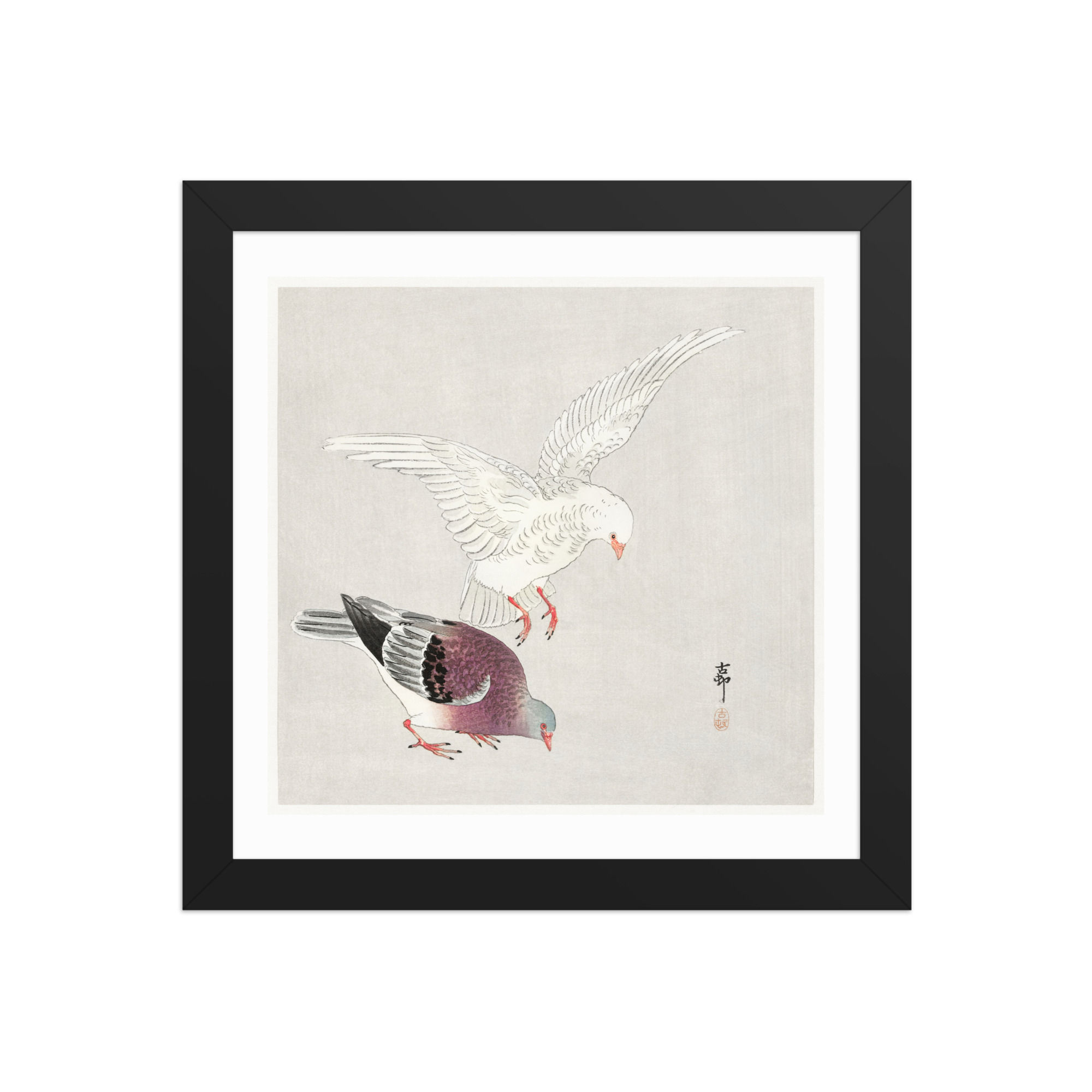 "Two Pigeons" (1877-1945) by Ohara Koson - Framed Wall Art