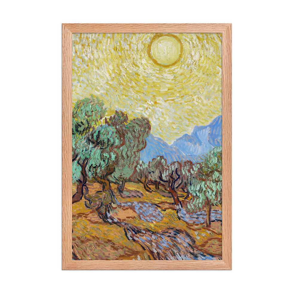 Olive Trees Under the Sun – Van Gogh Radiant Landscape framed art print, framed wall art, Frameifi, golden yellow, earthy green, framed poster, wall art.