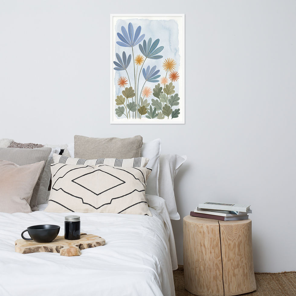 Thumbnail: Misty Meadow — Blue & Amber Botanical Art Print 