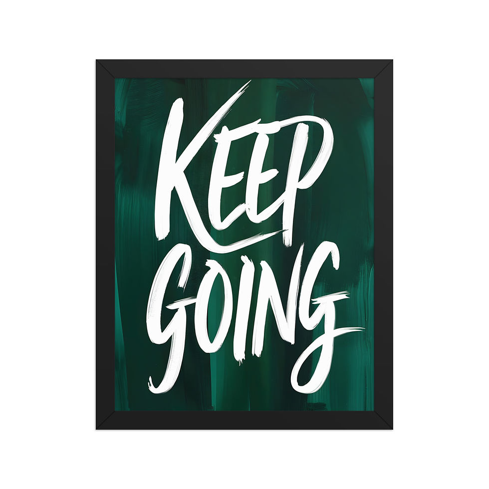 Framed poster with "Keep Going" text on dark green background, in a black frame, ideal for framed wall art and motivational framed art.