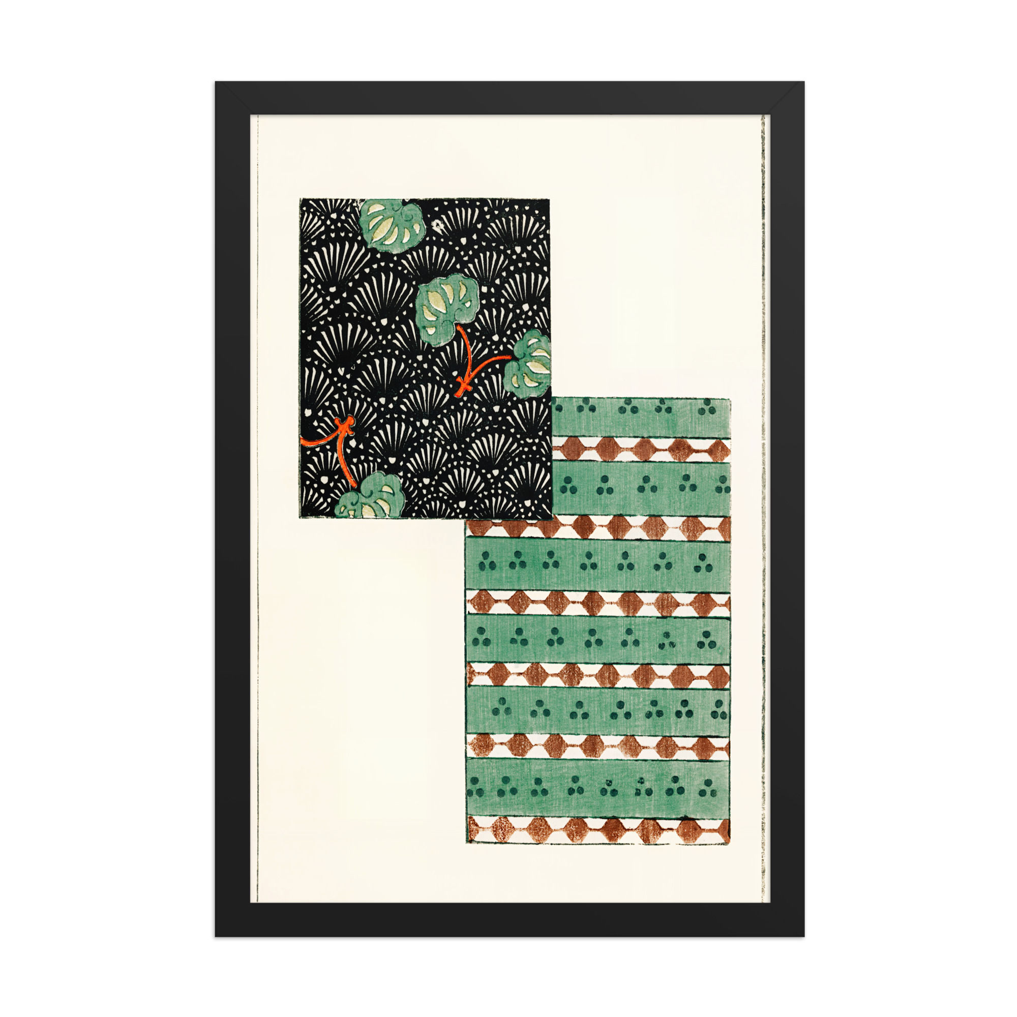 Framed art print featuring a striking plate with bold black textile patterns, jade green, and copper diamonds, presented by Frameifi.