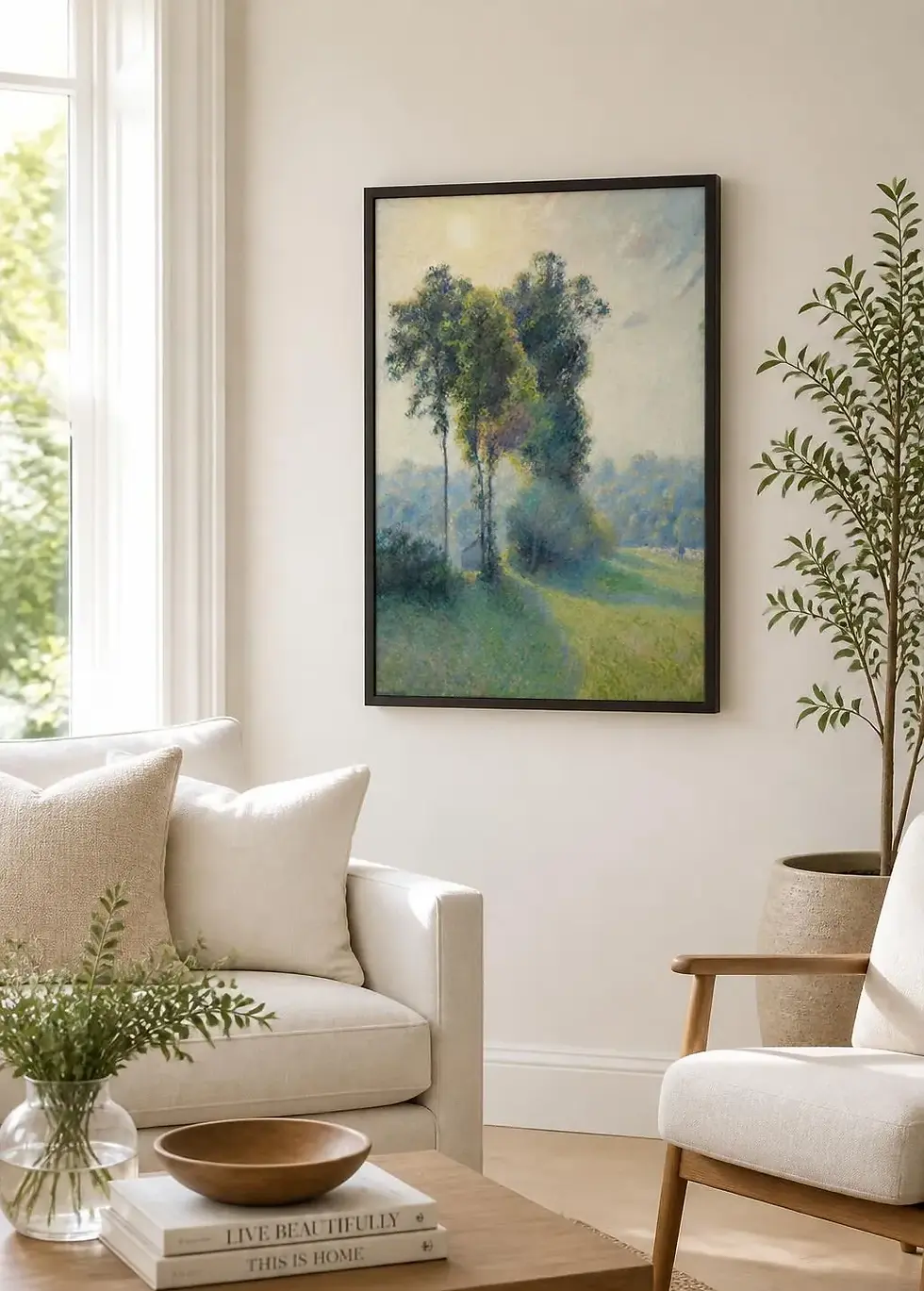 Framed Sunlit Poplars landscape art print by Pissarro, in a sleek black frame, showcasing soft morning light and delicate impressionist strokes.