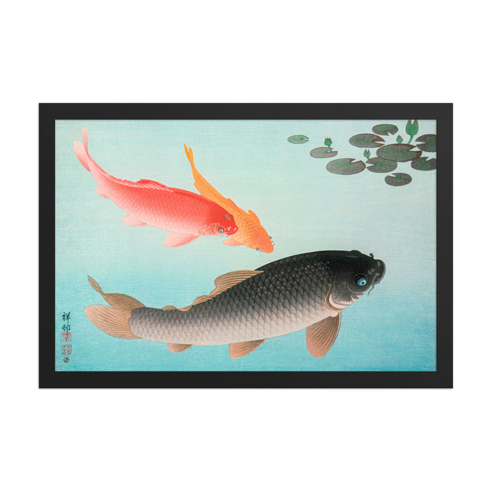 Framed wall art poster of three vividly colored koi fish swimming among lily pads, in a Japanese-inspired design, by Frameifi.