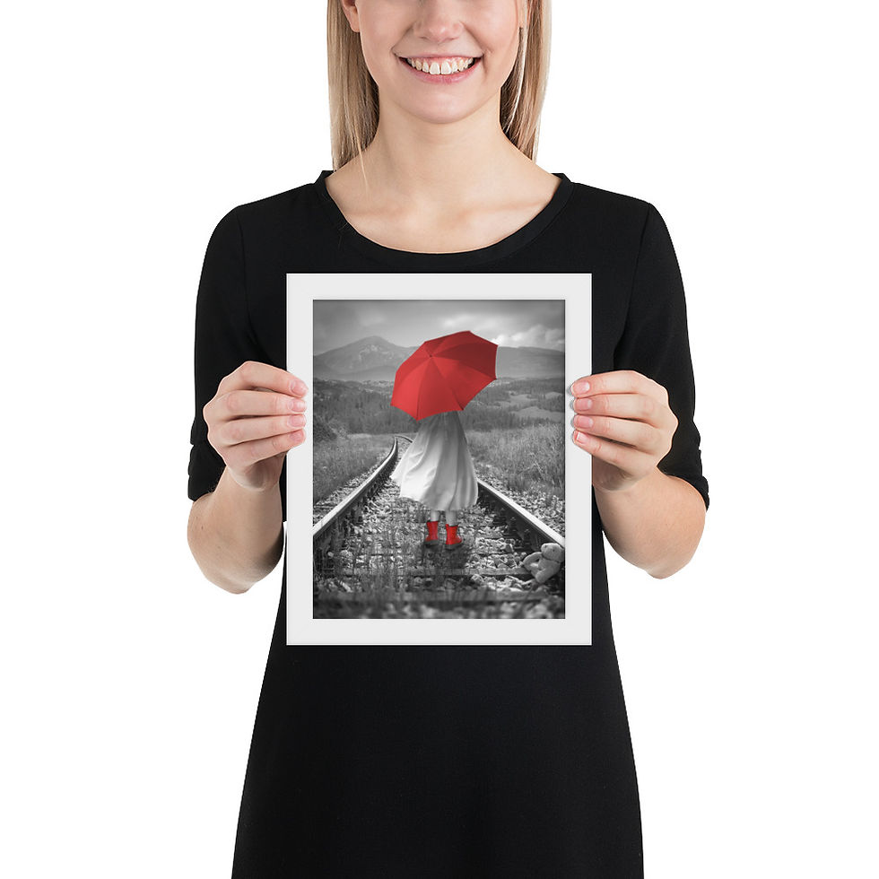 Thumbnail: Framed poster of Girl with Red Umbrella, a framed wall art print in a black frame, featuring a girl with a red umbrella.