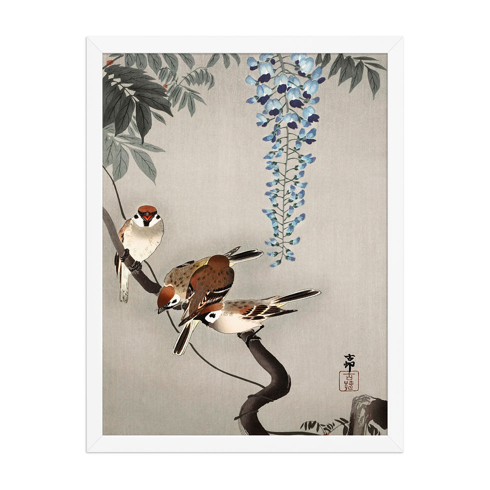 Thumbnail: Sparrows and Wisteria — Antique Japanese Woodblock Print