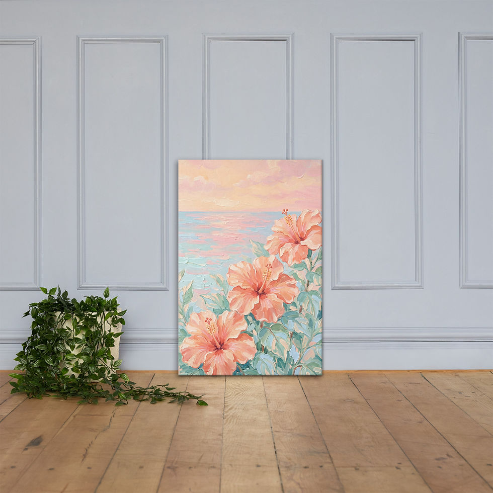 Thumbnail: Tropical Hibiscus Ocean Sunset Canvas - Coastal Floral Beach Wall Art
