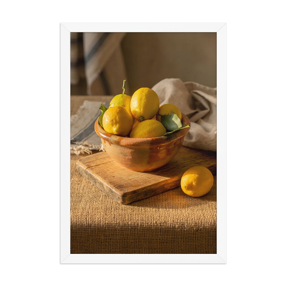 Thumbnail: Sunlit Citrus — Lemons in Earthen Bowl — Framed Print