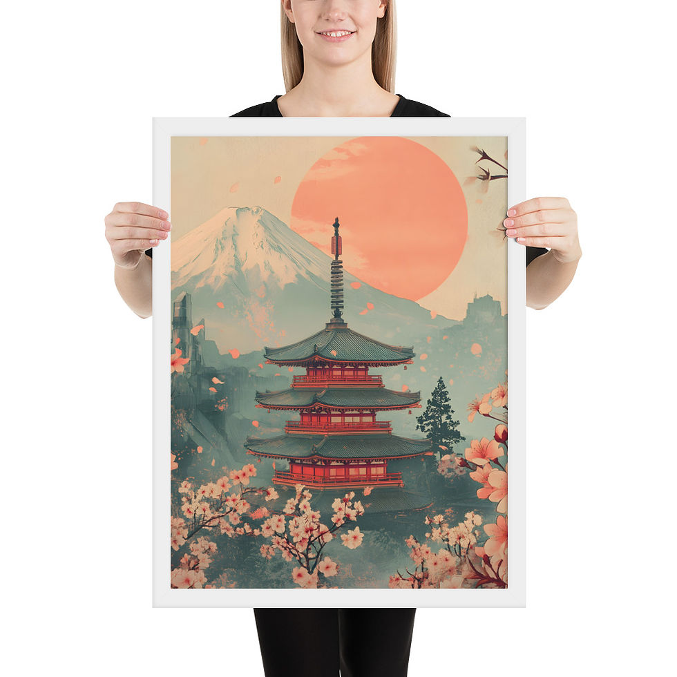Thumbnail: Framed poster of Fuji and Sun, a pagoda with cherry blossoms and a mountain in the background, in a black matte frame.