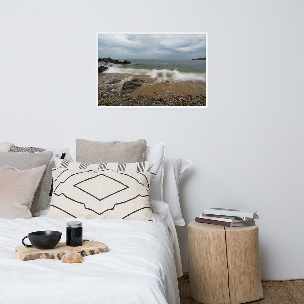 Thumbnail: Framed art print of Dynamic Coastal Waves, a fine art photography by Frameifi, showcasing waves crashing on a rocky beach with a black frame.
