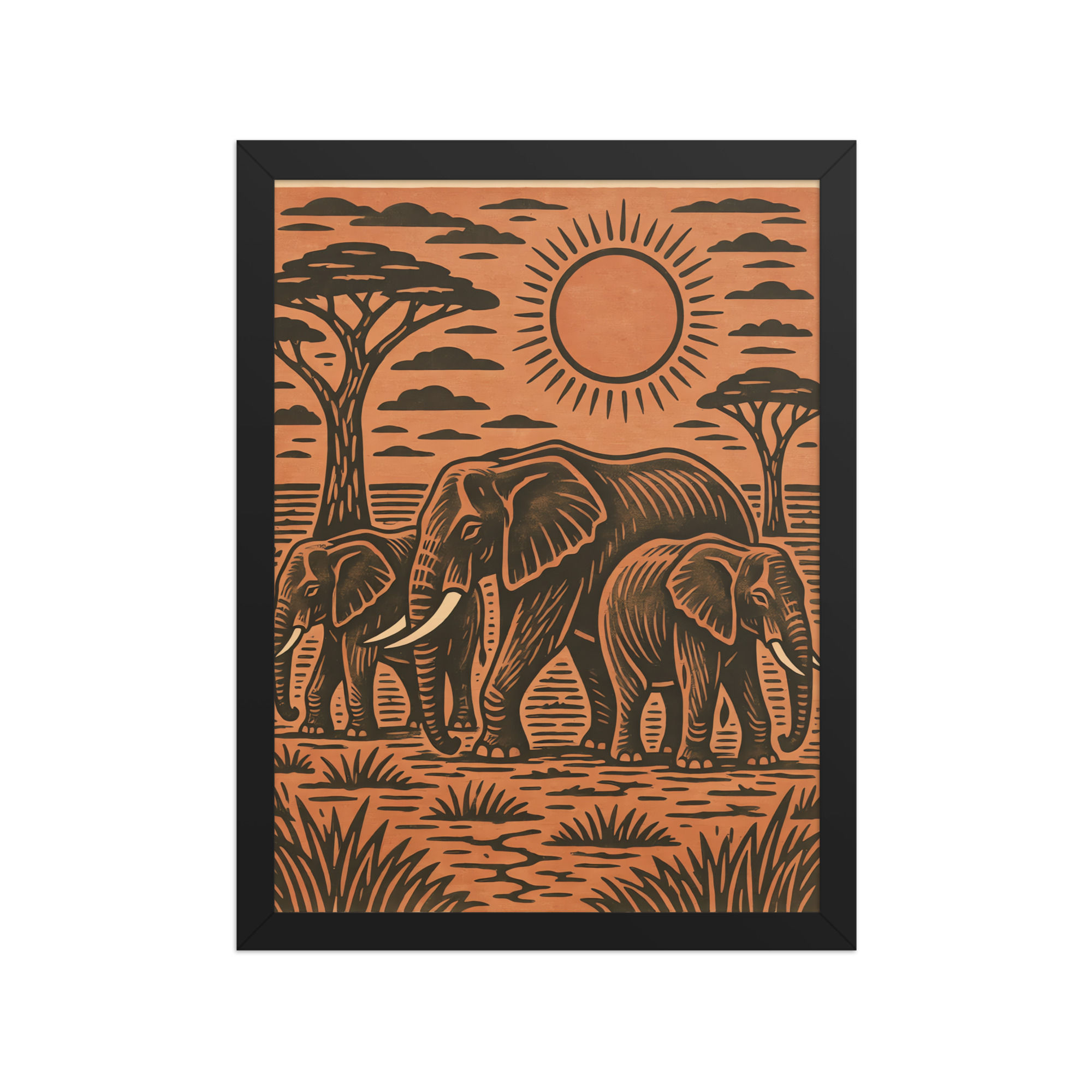 Savanna Elephants Linocut Style Art Print