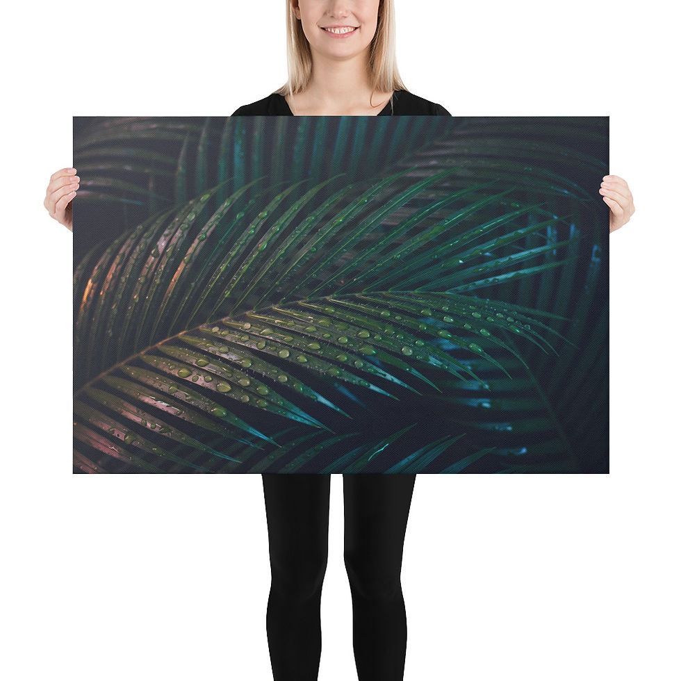 Moody Rainforest Palm Fronds Canvas Print by Frameifi, framed wall art featuring dew-drenched palm fronds in deep emerald green with water droplets.