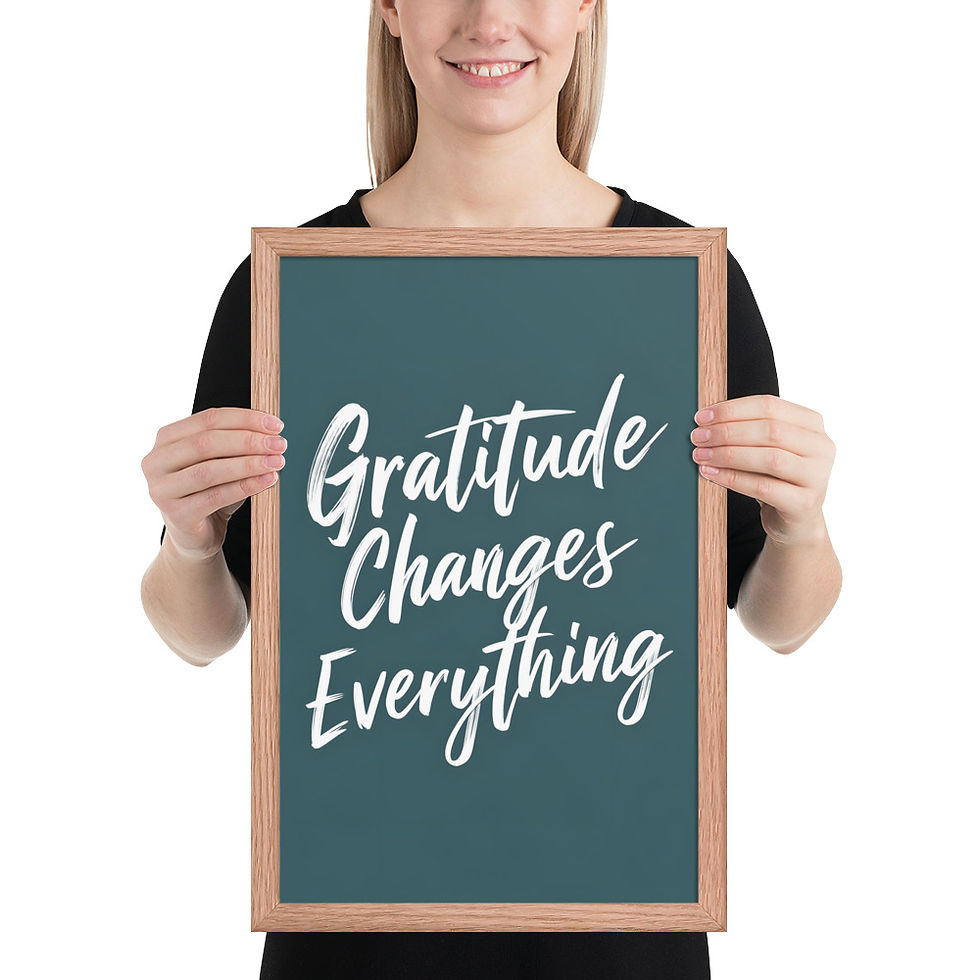 Thumbnail: Framed poster with teal background and white text reading "Gratitude Changes Everything" in a cursive font, set in a black matte frame.