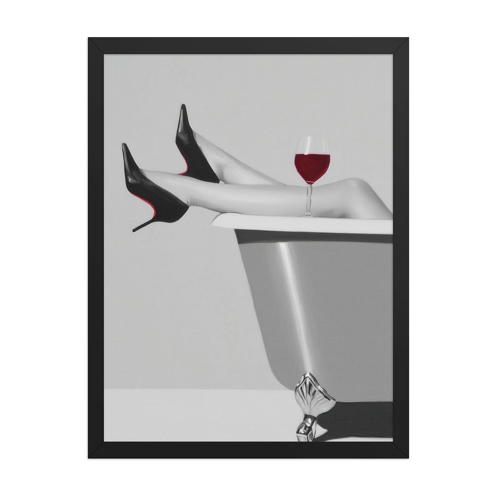 Thumbnail: Framed poster of a woman's legs in high heels and a wine glass in a bathtub, in a black matte frame.