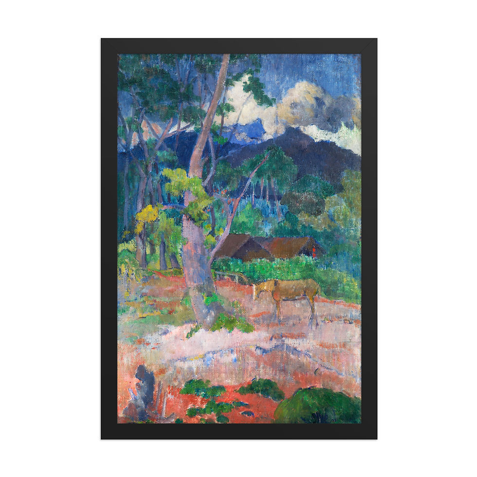 Tahitian Landscape art print, framed poster with black frame, framed wall art, framed art, wall art, showcasing Paul Gauguin's Post-Impressionist landscape painting.