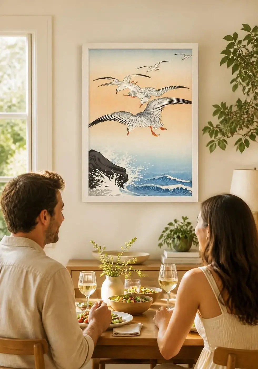 Seagulls fly over crashing waves in a sunset seascape, framed art print by Frameifi, showcasing coastal wall art in a framed poster.