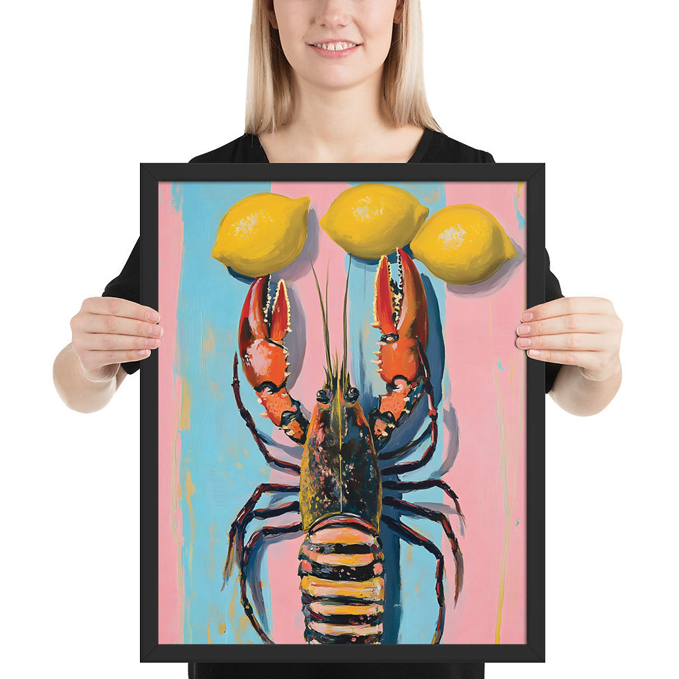 Thumbnail: Framed poster of lobster with lemons on pink and blue background, framed wall art, lobster for dinner themed wall art, framed art.