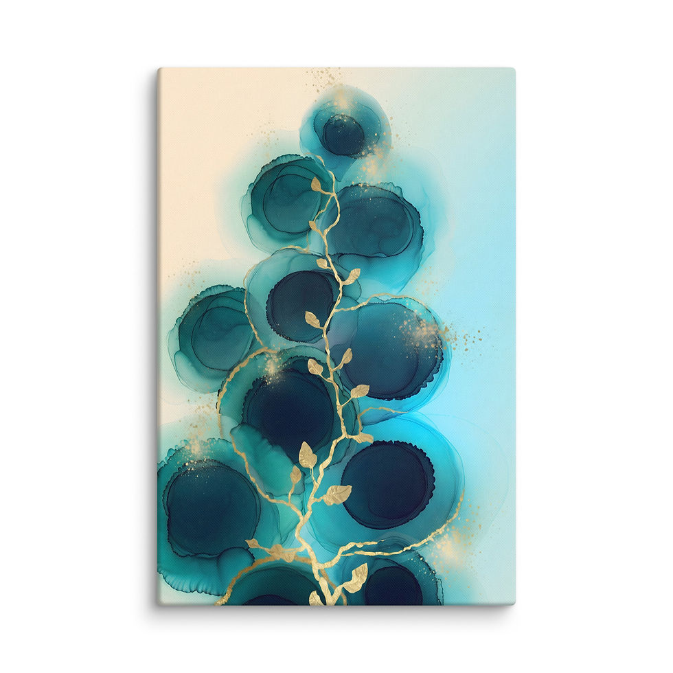 Thumbnail: Abstract Teal Botanical Canvas - Gold Leaf Fluid Art Wall Decor