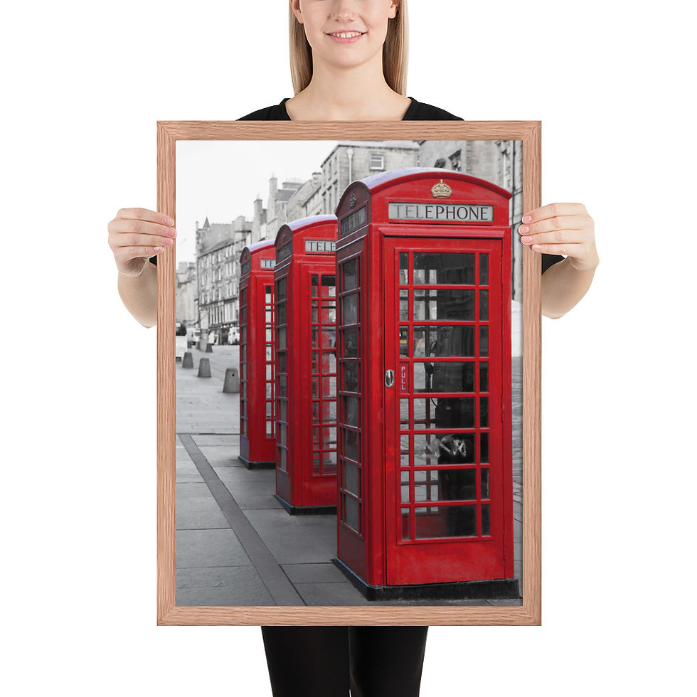 Thumbnail: Red London Phone Boxes framed poster in matte black frame, printed on thick matte paper, showcasing iconic British telephone booths in vibrant red.
