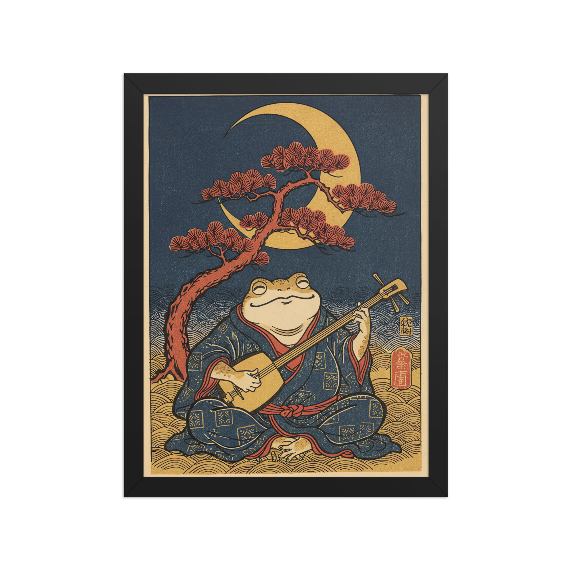 Frog Playing Shamisen Japanese Framed Wall Art