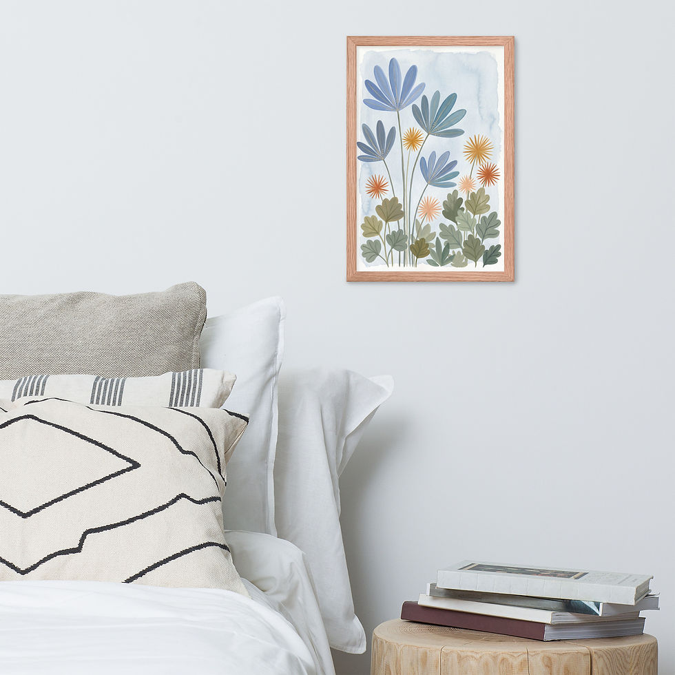 Thumbnail: Misty Meadow — Blue & Amber Botanical Art Print 