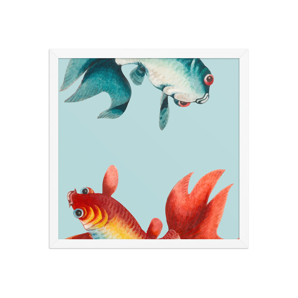 Thumbnail: Framed poster of two colorful fish on light blue background, featuring a blue and white fish and a red and orange fish.