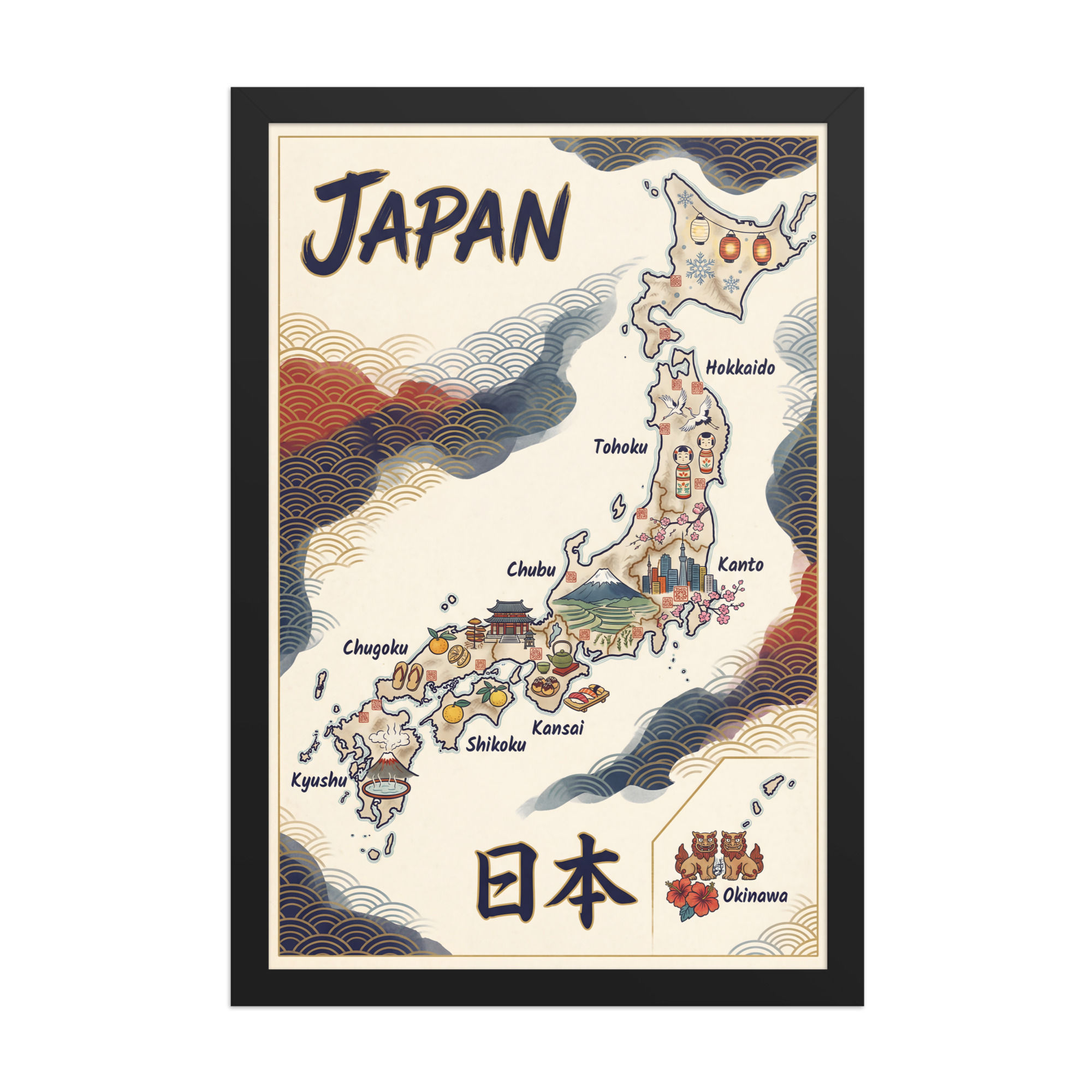 Stylized Map of Japan Unique Contemporary Framed Print
