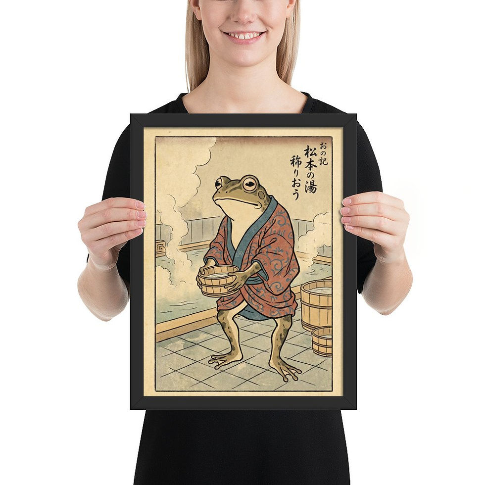 Thumbnail: Japanese Frog in bathhouse, wearing red robe, holding bucket, standing on tiled floor, surrounded by wooden tubs and steam, in black frame.