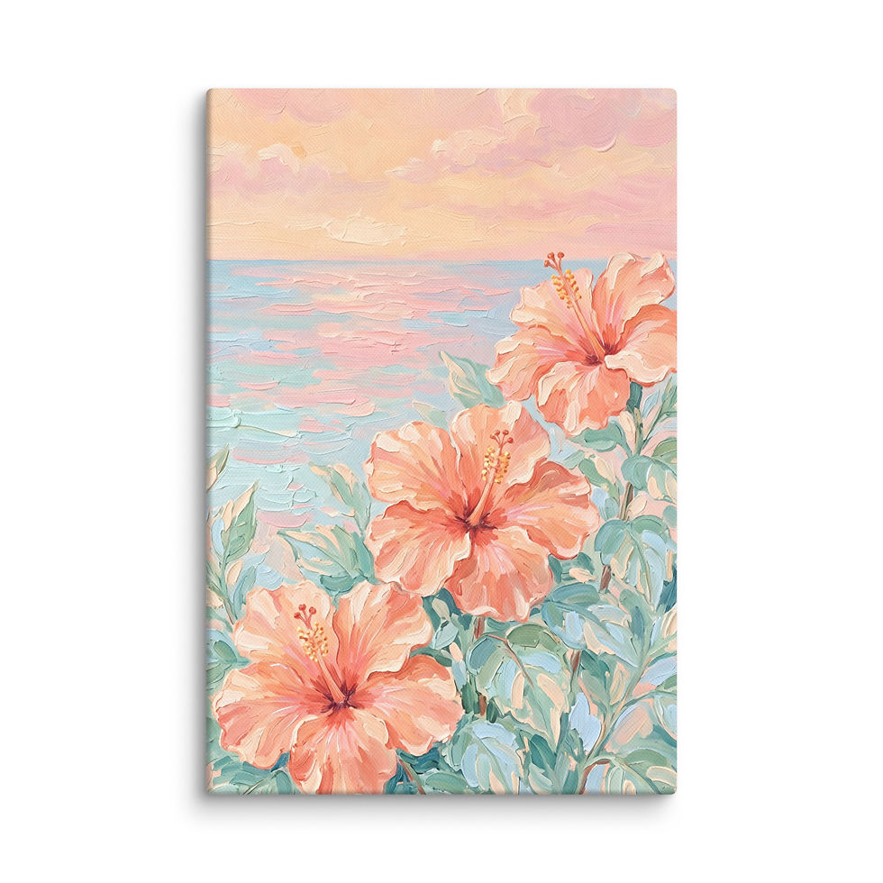 Thumbnail: Tropical Hibiscus Ocean Sunset Canvas - Coastal Floral Beach Wall Art