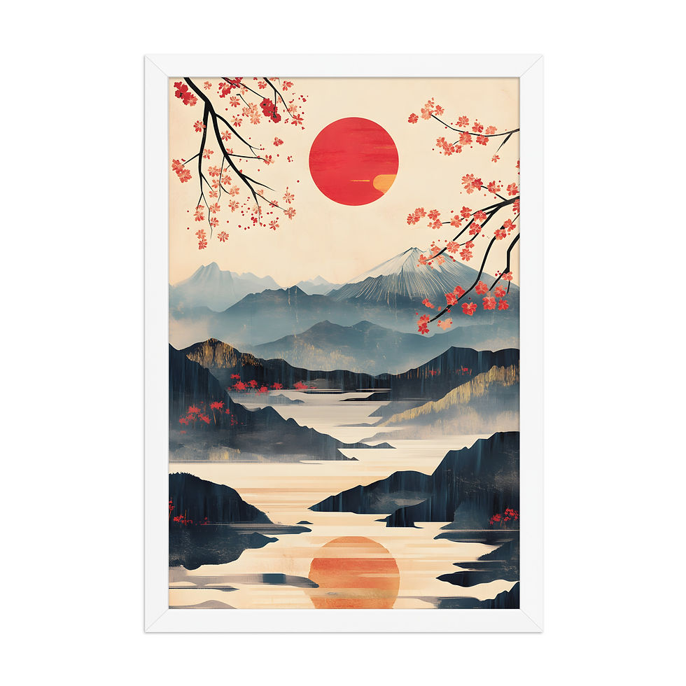 Thumbnail: Sunset River framed poster with black frame, featuring serene mountain lake scene, cherry blossoms, and vibrant sunset, ideal for framed wall art and home decor.