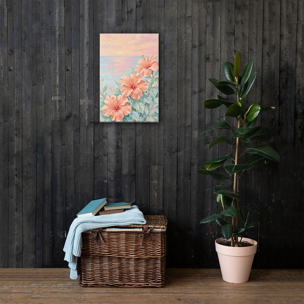 Thumbnail: Tropical Hibiscus Ocean Sunset Canvas - Coastal Floral Beach Wall Art