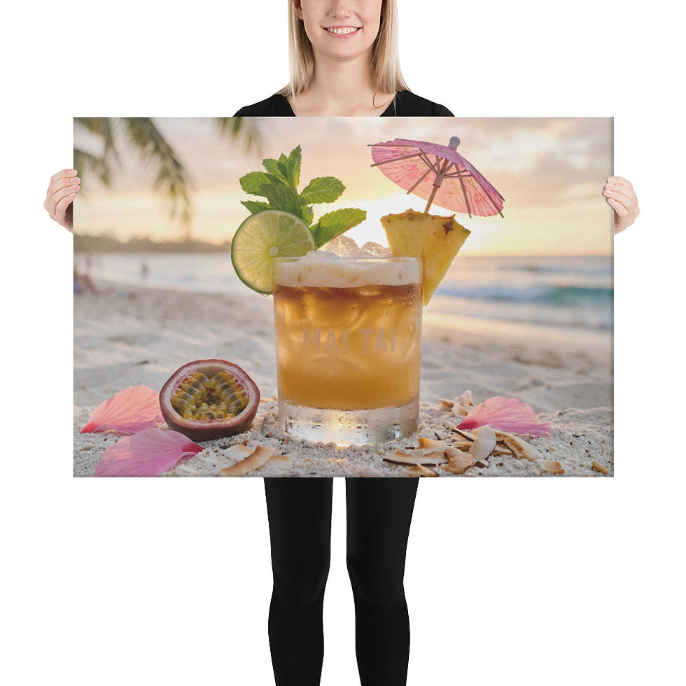 Thumbnail: Tropical Cocktail Canvas Print by Frameifi, framed wall art featuring a Mai Tai cocktail on a beach at sunset, with framed art for home bar decor.